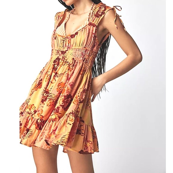 Free People Dresses & Skirts - Free People Tilly Printed Tunic Dress Medium Summer Coral & Burgundy Boho